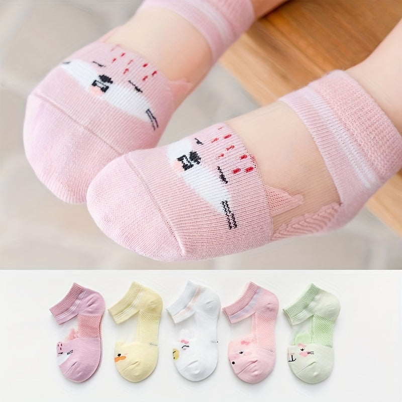 Kids' 5 pairs of thin mesh breathable socks with cartoon designs for spring and summer.