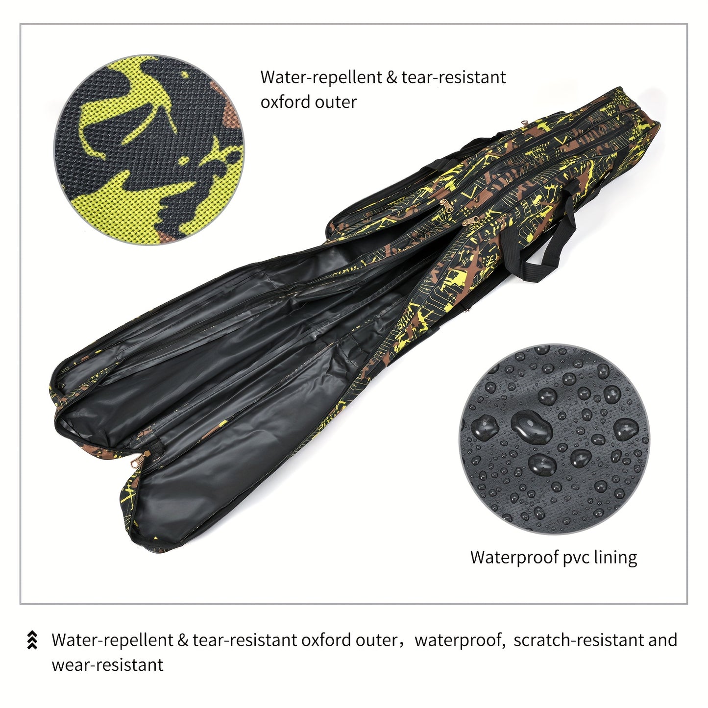 Portable and waterproof fishing pole storage bag for outdoor activities.