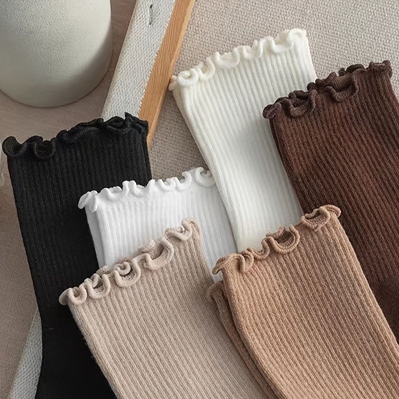 6 pairs of comfortable and breathable mid tube lettuce trim socks for women.