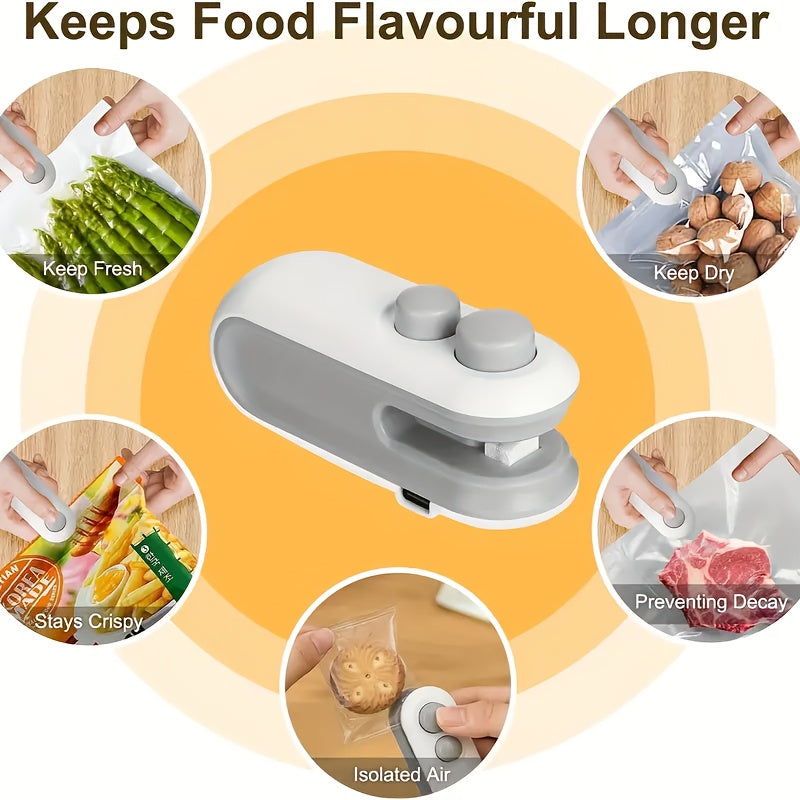 Essential for your kitchen and dining needs, the Portable Snack Sealer features a magnetic hand press bag closure and is USB rechargeable with a lithium battery (155mAh). Perfect for sealing snacks on the go, this sealer is designed for non-food contact.