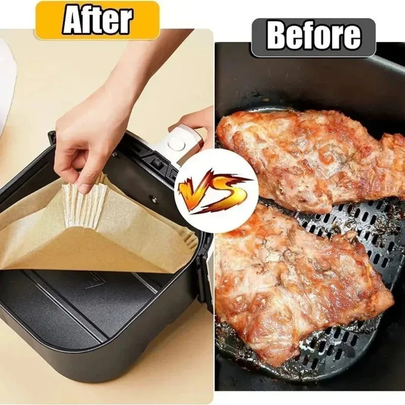 Set of 100 disposable air fryer paper liners, 16cm size, oil-proof and water-proof. Perfect for use in Airfryers, these disposable cooking paper trays also double as baking paper.