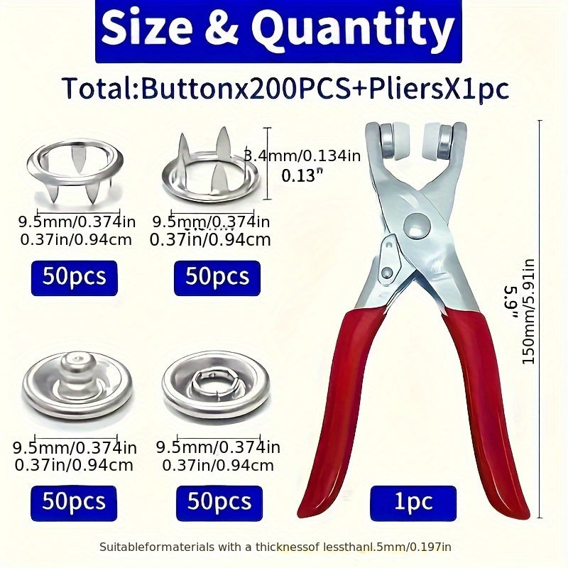 Set includes 200 metal sewing buttons and snap fastener pliers for easy clothes buckle installation.