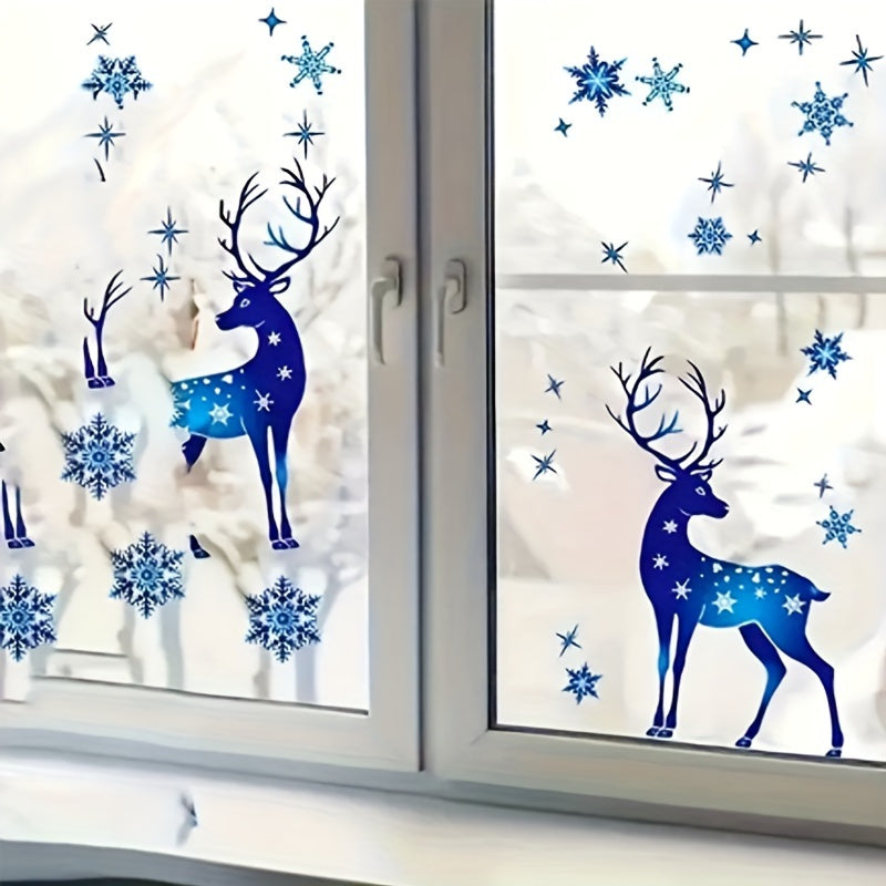 Christmas window decorations set including 5 pieces of window adsorption Christmas deer and snowflake stickers. Blue removable window decals perfect for Christmas party decoration.