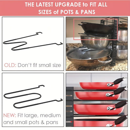 Adjustable 8-Tier Pot and Pan Organizer Rack for Kitchen Cabinets - Space-Saving Storage Solution, Available in Red & Black, Easy DIY Assembly.