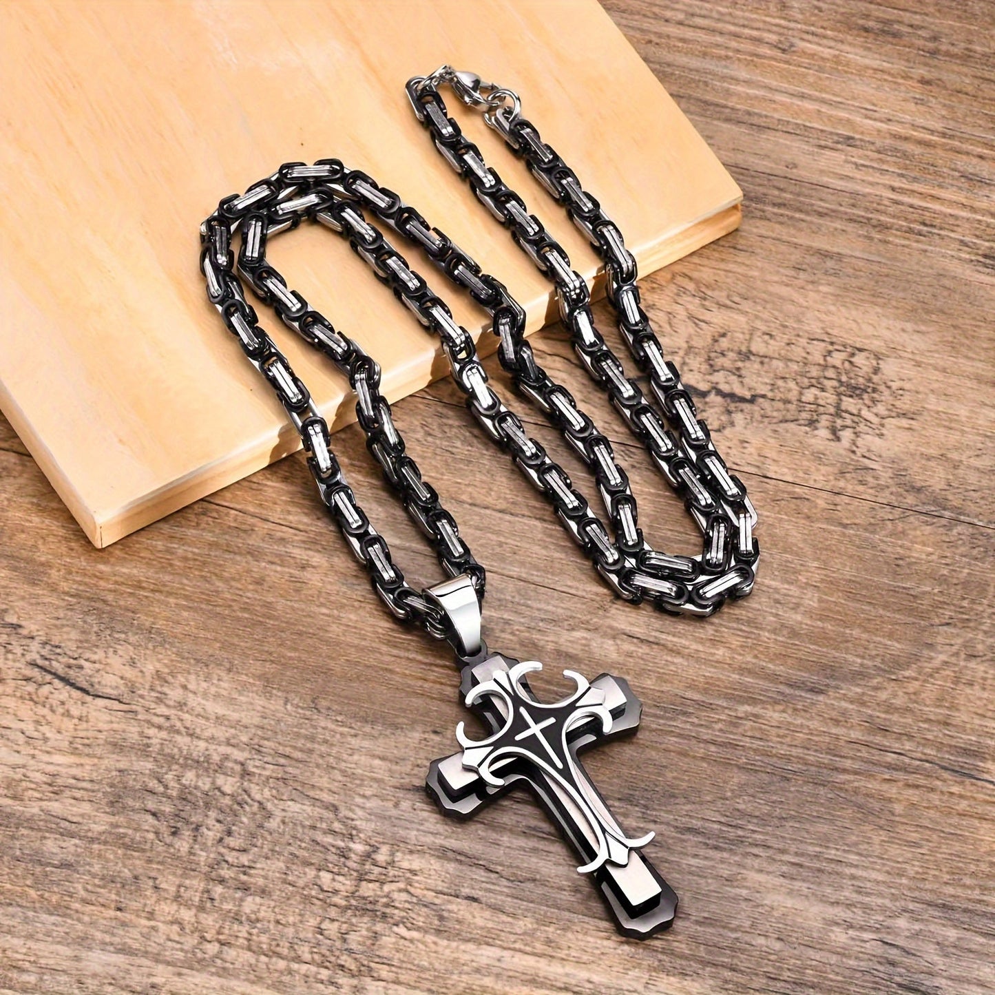 Men's Fashionable Byzantine Necklace with Double-layer Stainless Steel Cross Pendant