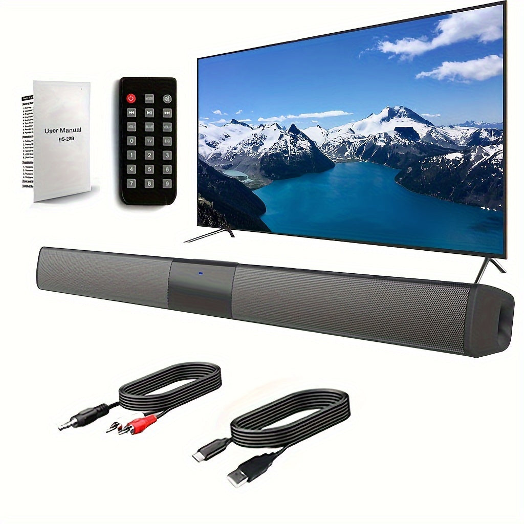 Wireless soundbar with built-in subwoofers and stereo speakers for use with computers, smartphones, and tablets, featuring button control and USB charging.