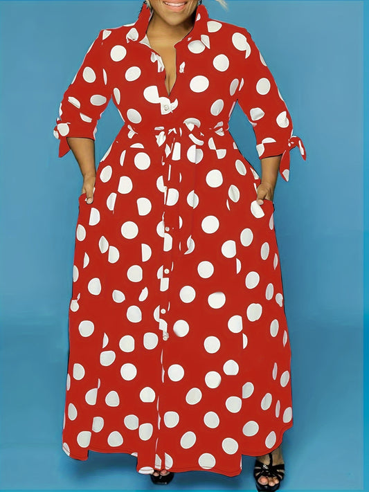 Women's plus size polka dot print maxi dress with collared button-up front and belted waist.