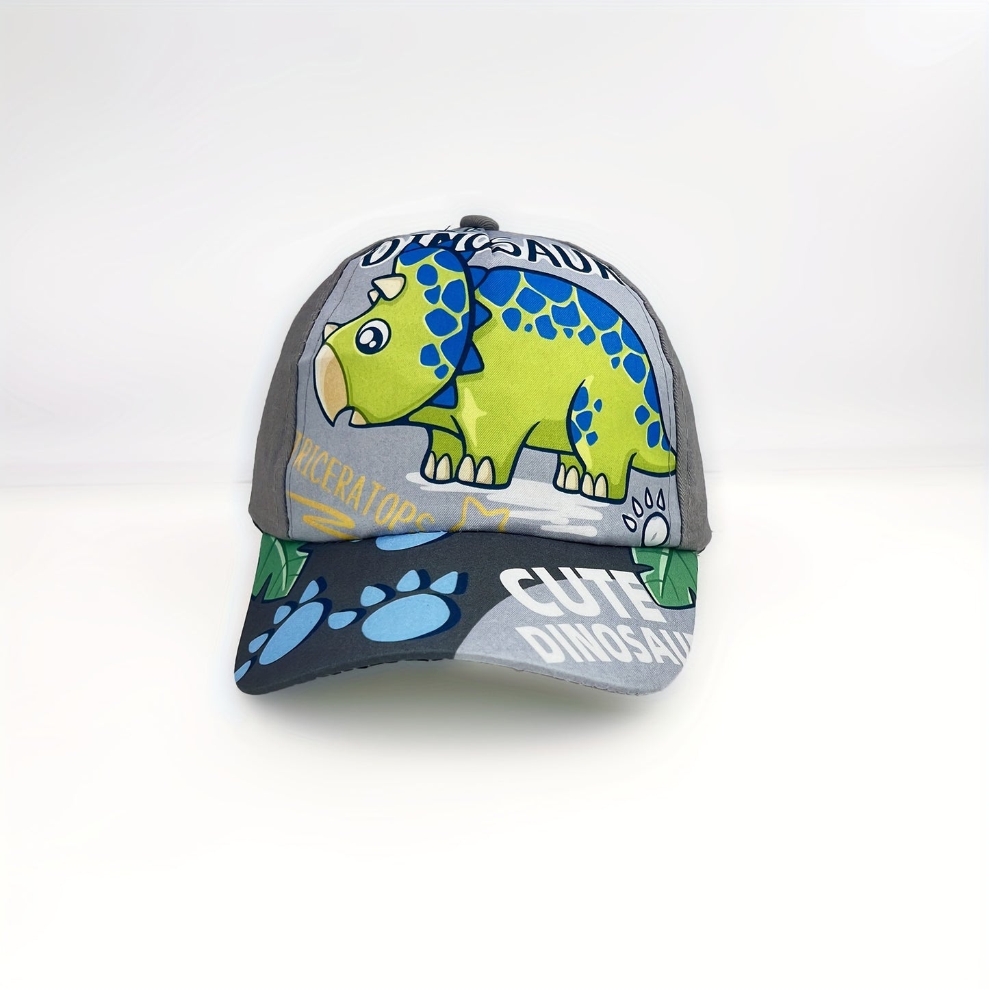 Adjustable cartoon dinosaur print baseball cap for boys and girls.