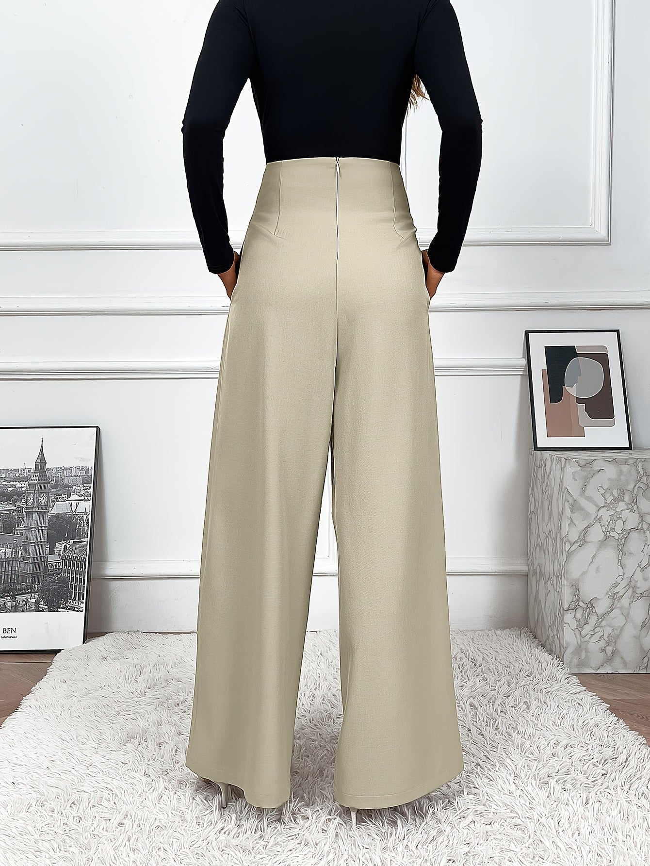 Women's wide leg pants in solid color, made from polyester elastane blend with pocket details for casual wear in spring and summer.