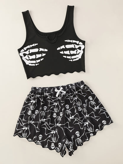 Skull print pajama set with lettuce trim tank top and shorts for women's loungewear and sleepwear at a music festival.