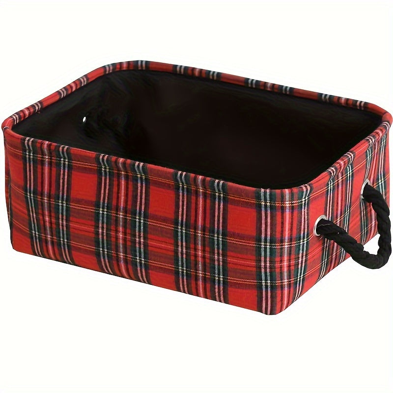 Christmas Storage Basket with Handles in a Festive Plaid Design - Ideal for Storing Holiday Decorations and Gifts