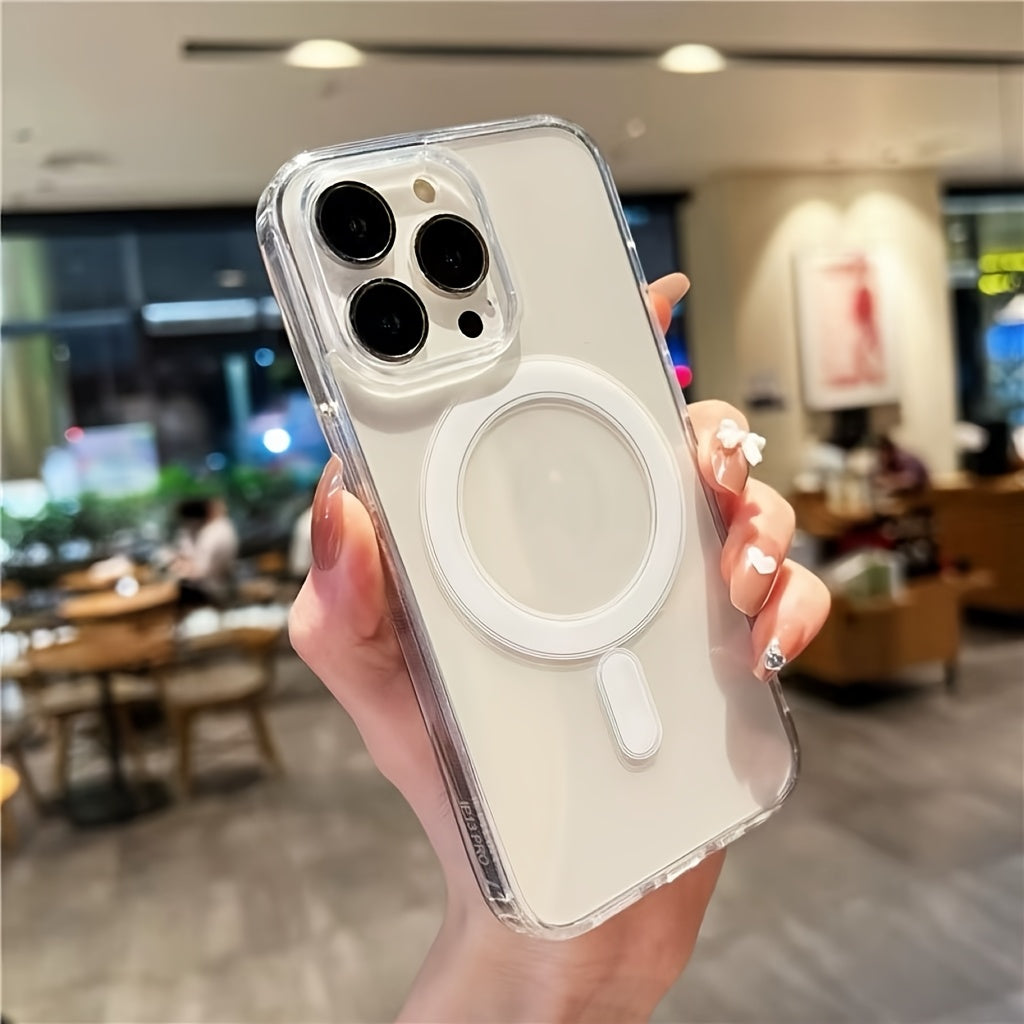 Clear magnetic phone case compatible with Apple iPhone X to 16 Series, with hard back and soft edges that won't interfere with screen protector.