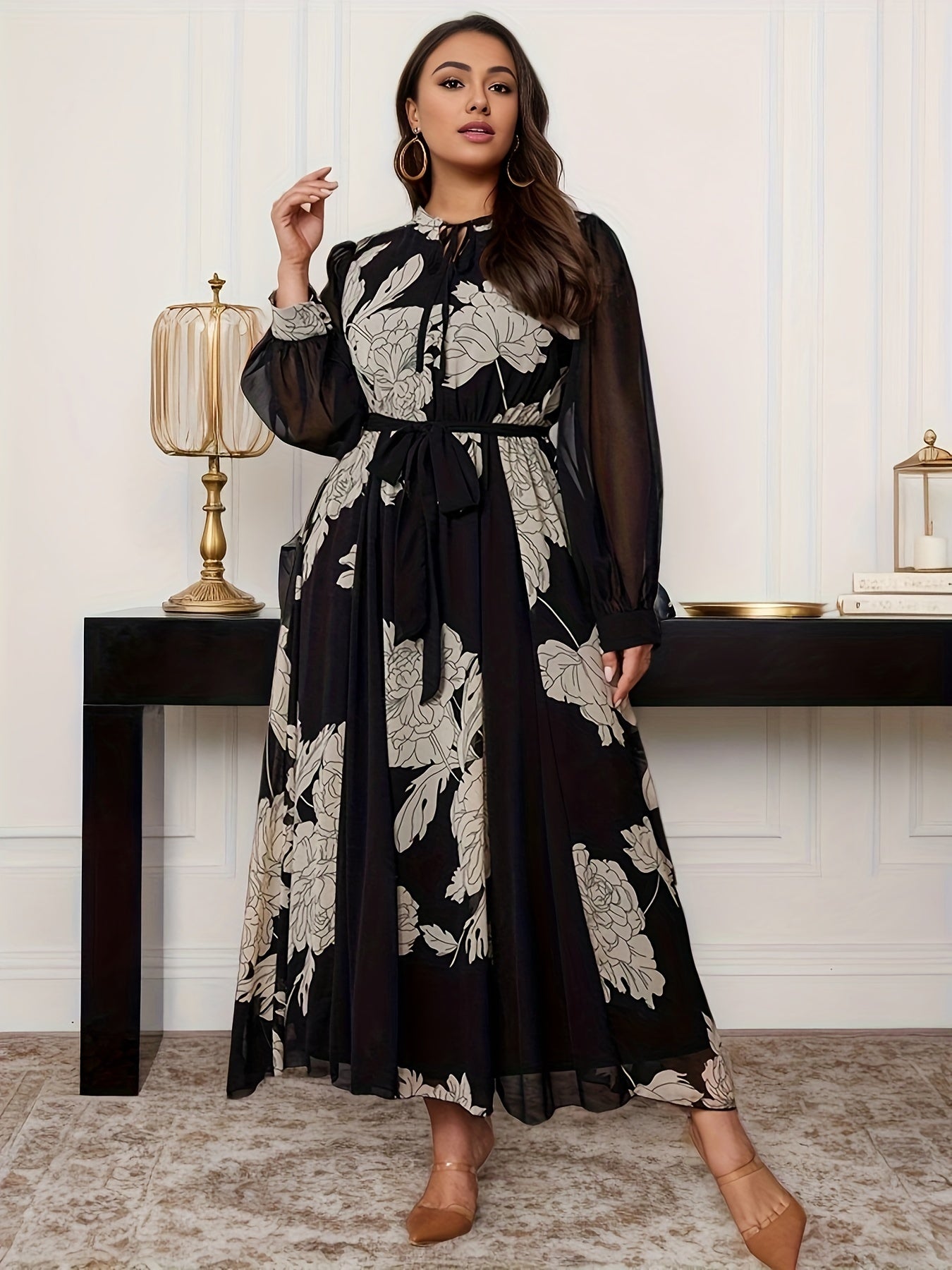 Plus size chiffon dress with floral print, lantern sleeves, A-line silhouette, tie waist detail, and mid-length, made of polyester for spring/autumn wear.