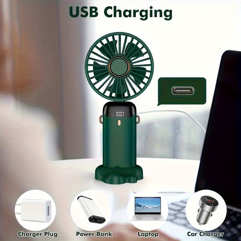 Cop Rose's Portable Mini Fan features 5-Speed Settings and an LED Display. It is USB Rechargeable with Touch Control and a Foldable Design, perfect for both indoor and outdoor use.