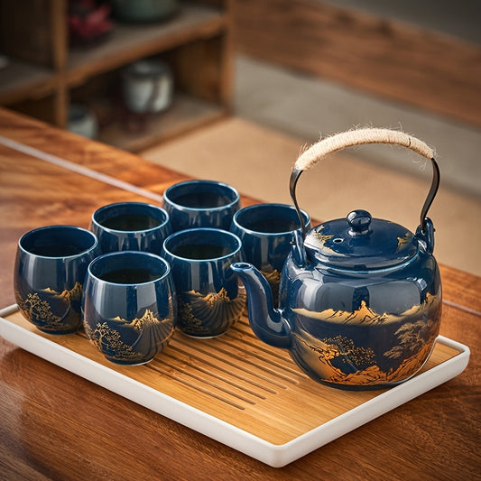 1 Set 7/8pcs Black Exquisite Large Capacity Tea Set in Simple Japanese Style Ceramic for Home or Office Gift, with Handle Teapot and Teacups, 27oz/6oz.