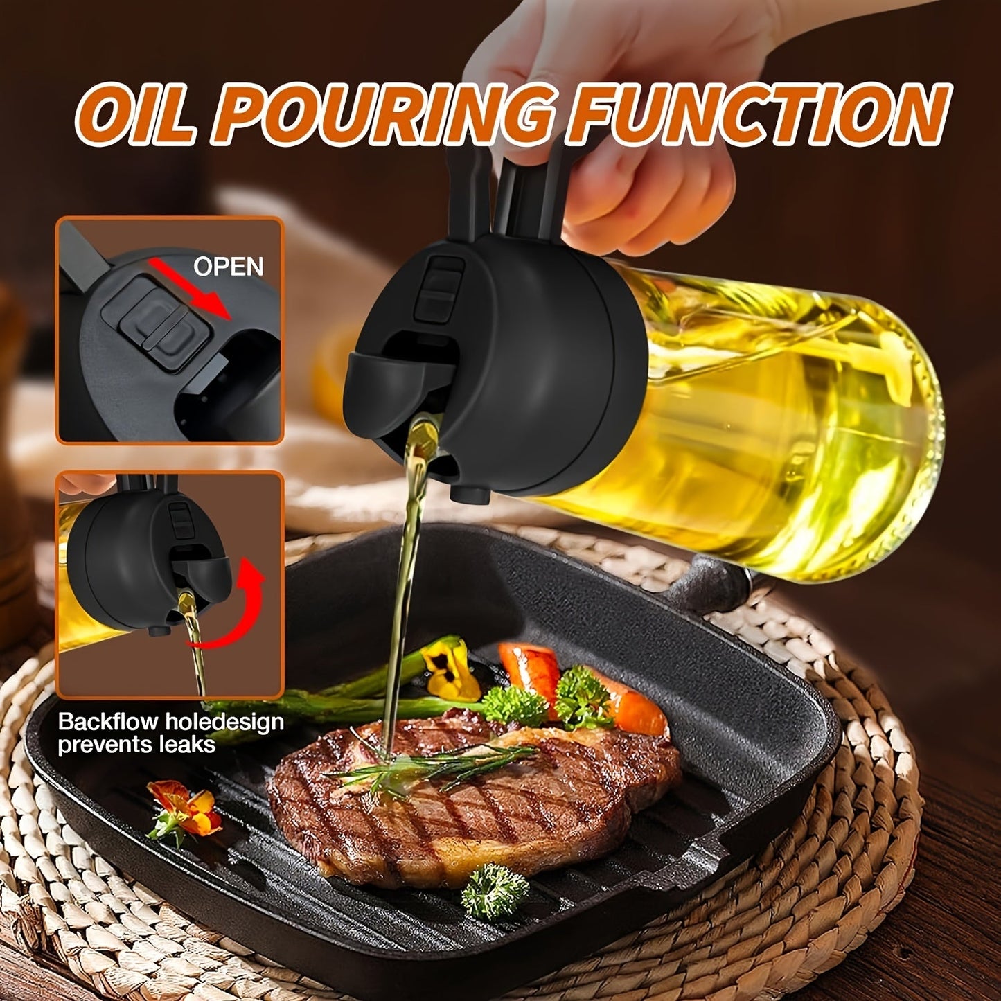 2-in-1 Portable Oil Sprayer and Dispenser - Olive Oil Mister and Pourer, 470ML Plastic Kitchen Spray Bottle for Cooking, BBQ, Air Fryer, Baking, Salad dressing.