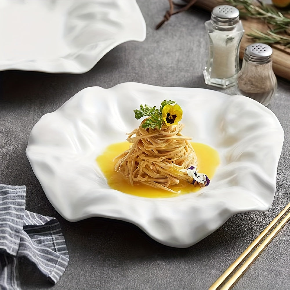 Single white ceramic dish, versatile for afternoon tea, pasta, molecular cuisine, diet meals, desserts, salads, and fruits. Ideal for home or restaurant parties.