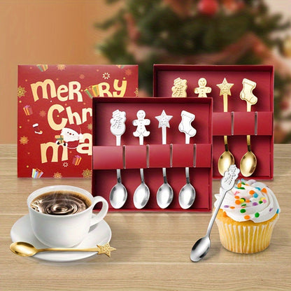 Cheerful Christmas Gift Set: Set of 4 Stainless Steel Spoons Featuring Adorable Cartoon Designs, Ideal for Festive Gatherings and Holiday Celebrations