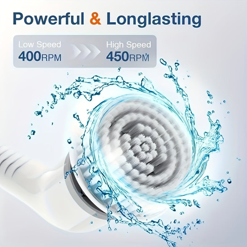 Wireless Electric Rotating Washer with 8 Replaceable Brush Heads, Adjustable Extendable Handle, and 2 Speed Settings. Rechargeable Shower Brush for 360 Degree Cleaning of Bathroom, Bathtub, Tiles, and Floors. Includes USB-C Charging Cable.