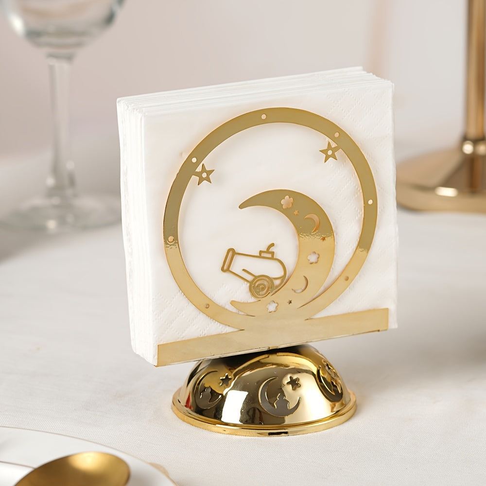 Elevate Your Dining Table Decor with a Stunning Seasonal Napkin Holder Featuring a Crescent Moon Design in Gold Plated Metal - A Sophisticated Standing Tissue Dispenser Ideal for Celebrating Christmas, Halloween, Easter, Hanukkah, and Thanksgiving