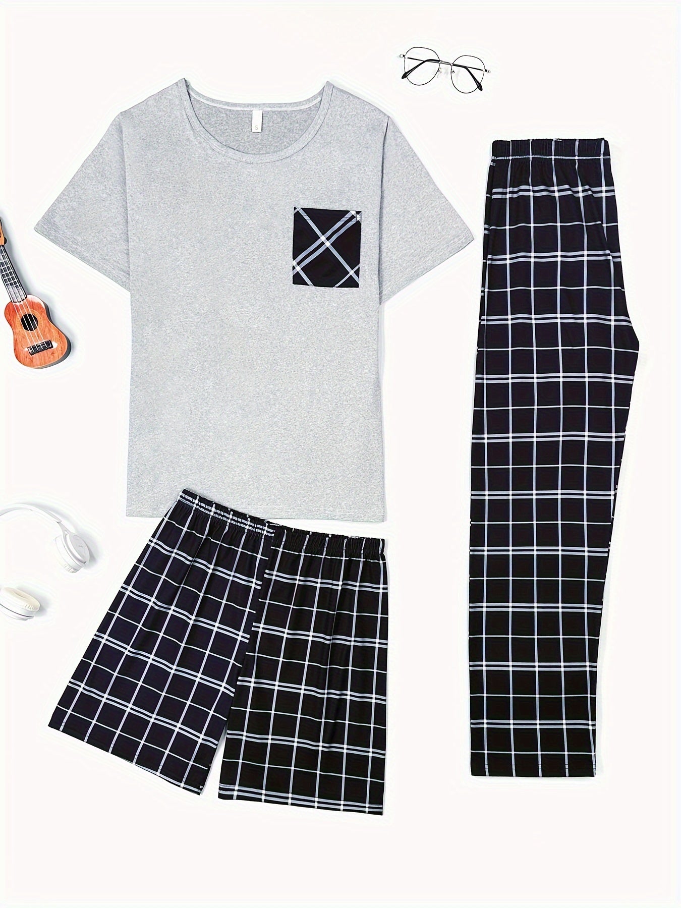 Men's plaid sleepwear set with crew neck t-shirt, long pants, and shorts in comfortable polyester fabric with slight stretch. All season loungewear.