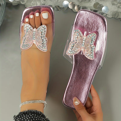 Women's Rhinestone Butterfly Flat Sandals, Open Toe Summer Shoes, Elastic Band Sandals