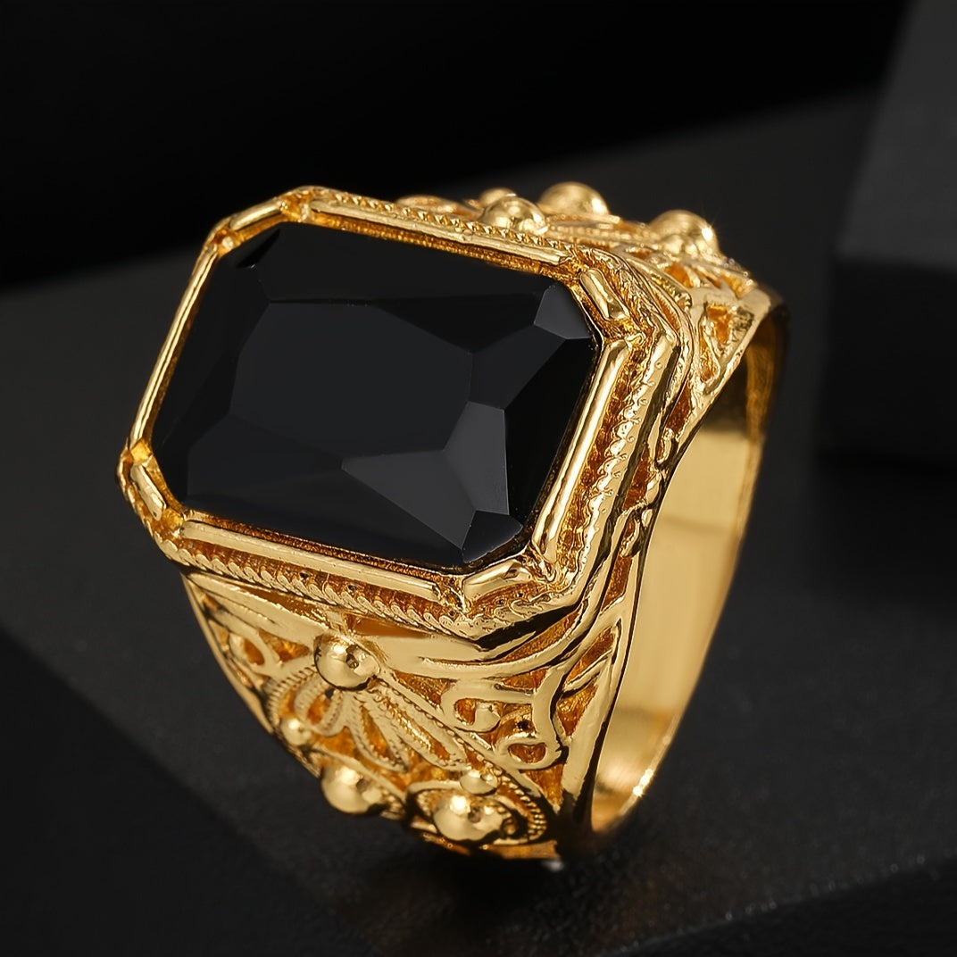 Men's luxurious black cubic zirconia ring with lucky floral design, ideal for business events and weddings.