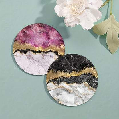 6 luxury golden marbling coasters with absorbent rubber and non-slip backing, perfect for home decor or as a housewarming gift. 10.16cm round.