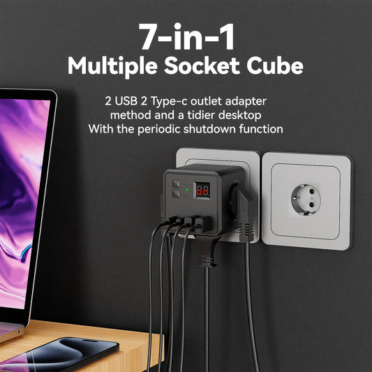 7-in-1 Multi-Socket Cube Surge Protector with 3 AC outlets, 2 USB & 2 Type-C ports, timer function, on/off switch, European standard plug, suitable for home, office, travel, computer use -