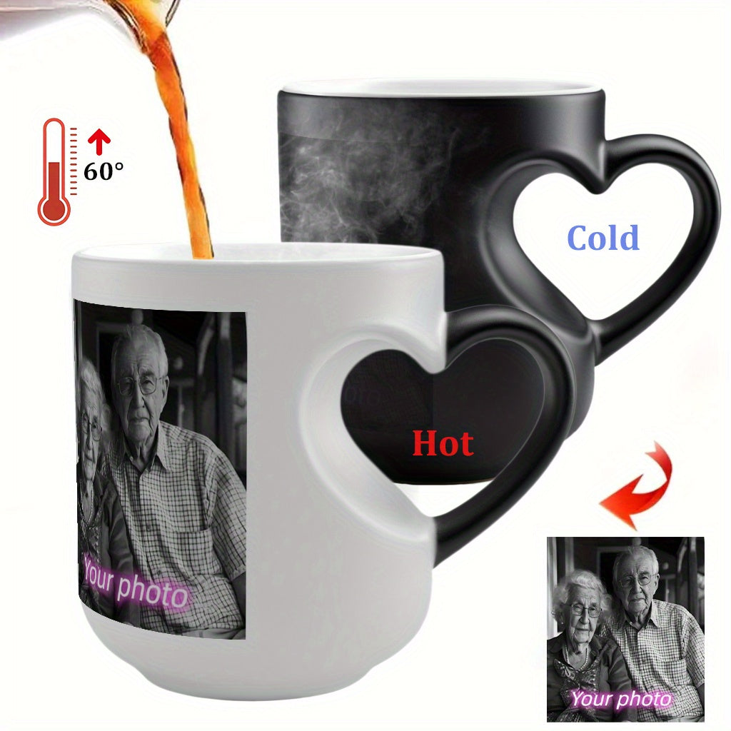 Customized color-changing mug with heart handle - perfect for Father's Day, Mother's Day, and seasonal gifts.