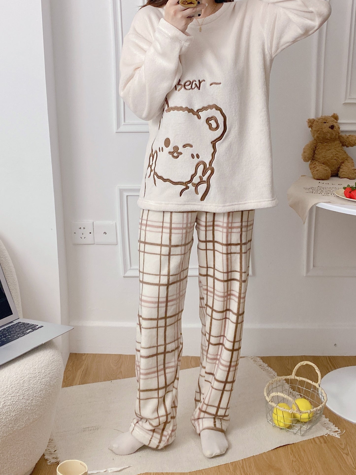 Women's cozy fleece pajama set with cute cartoons & letters, includes long sleeve top, plaid pants, perfect for fall & winter