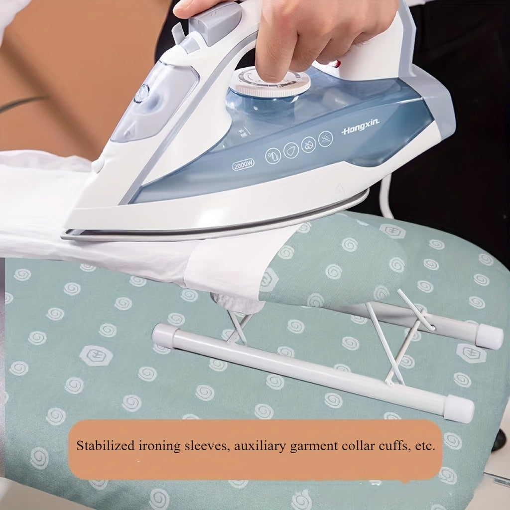 Space-saving foldable ironing board, ideal for home and office use, made of stainless steel and plastic materials.