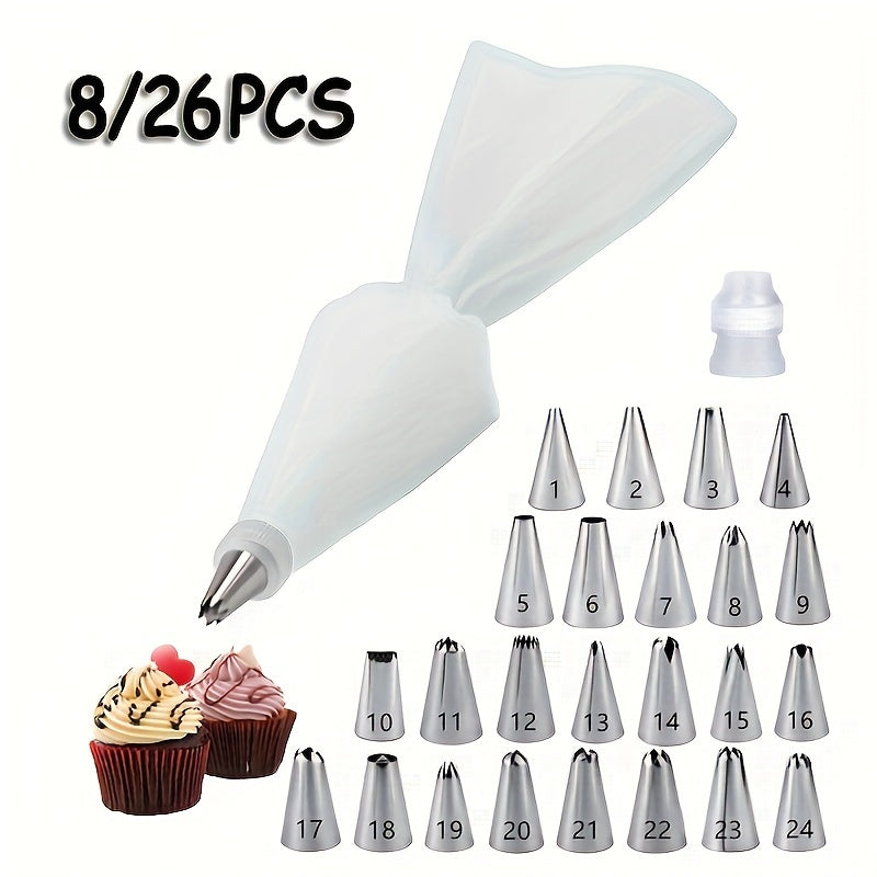 Set of 26 stainless steel icing nozzles for piping, includes cream cake tips, coupler, and icing bags. Perfect for decorating dessert, biscuit, and cupcake. Ideal kitchen accessories and baking tools for DIY cake decorations.