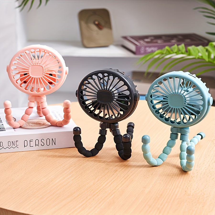 Compact and versatile, the Octopus-Shaped LED Light Mini Fan is a portable and wearable fan with a flexible tripod stand that can be easily attached to strollers, outdoor gear, tables, or used indoors. Made of durable plastic material, this fan is