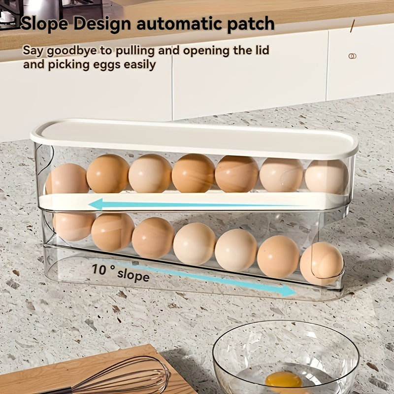 Compact double-layer egg storage box for refrigerator, made of durable, washable plastic. Perfect for home organization.