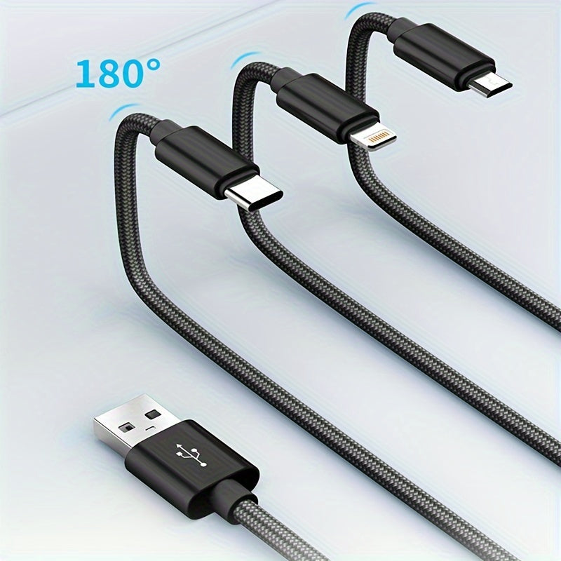 OLISHEN 3-in-1 Nylon Braided USB Charging Cable with multiple lengths (100.58cm/201.17cm/3.02meter) and fast charging capabilities for iPhone, Samsung, Xiaomi, and other devices. Can be