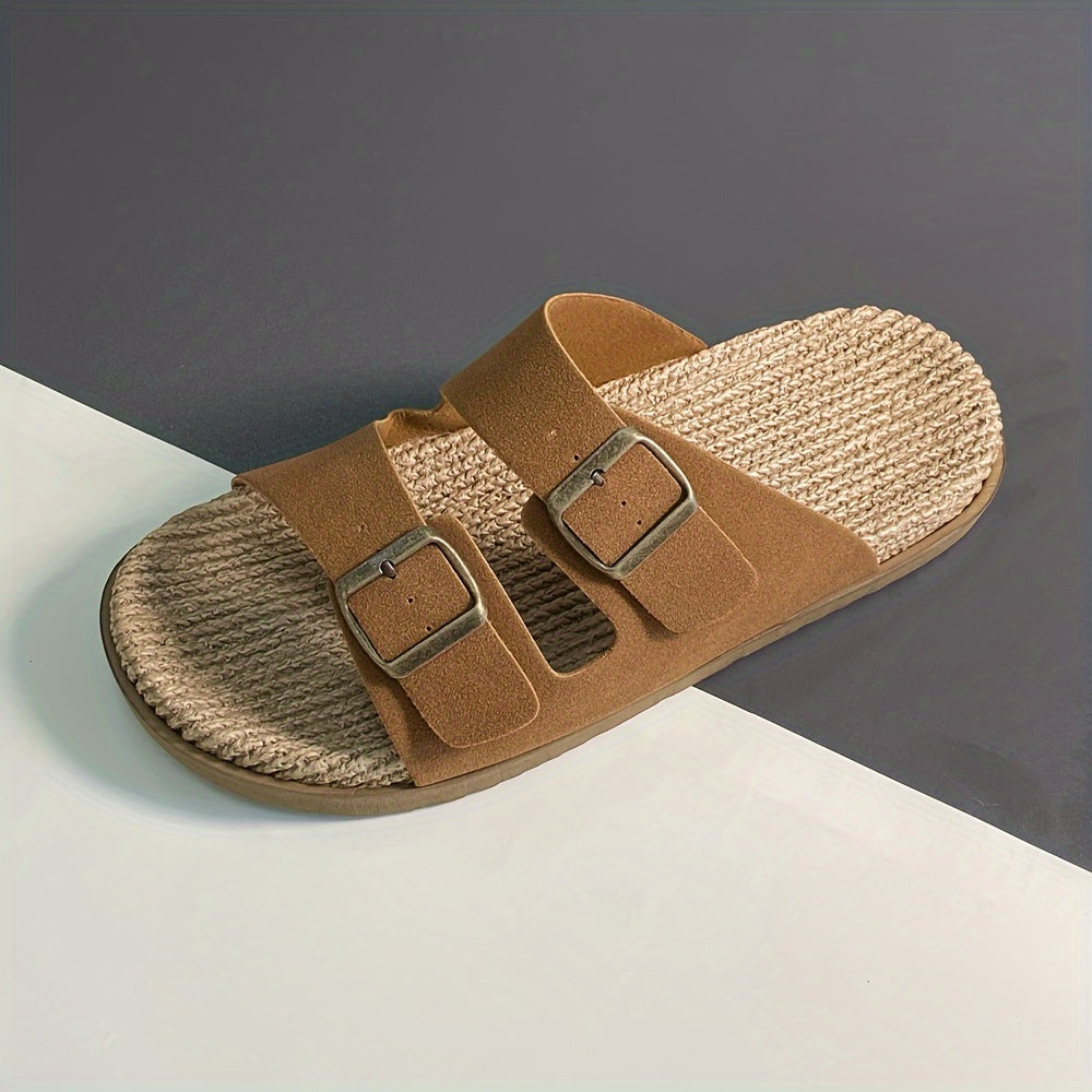 Vintage open toe slippers with non-slip double buckle straps for men.