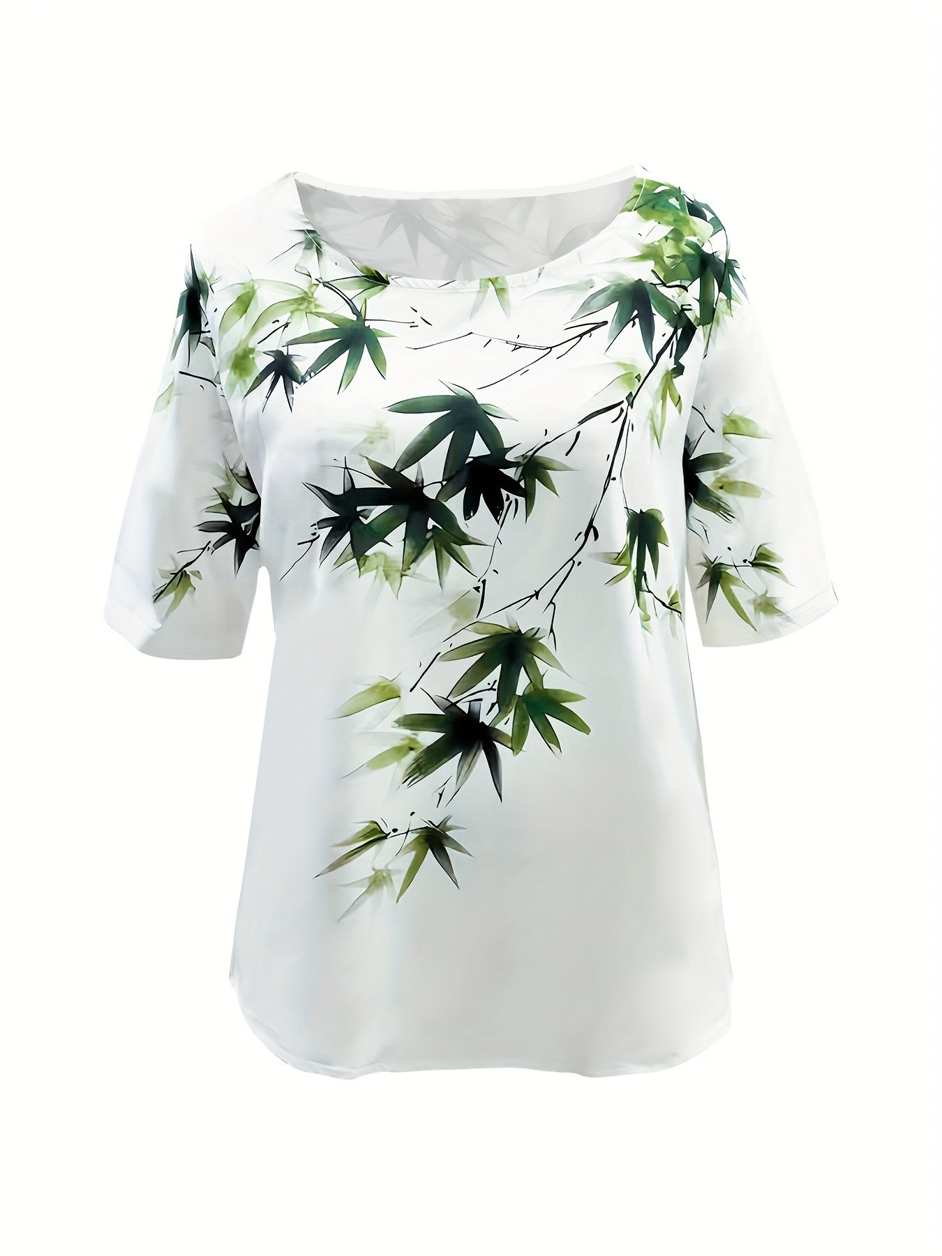 Bamboo print two-piece set: casual short sleeve t-shirt and fitted bottom pants for women.