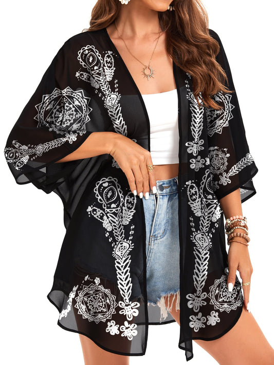 Women's loose kimono cardigan with printed bubble sleeves perfect for summer beach leisure.