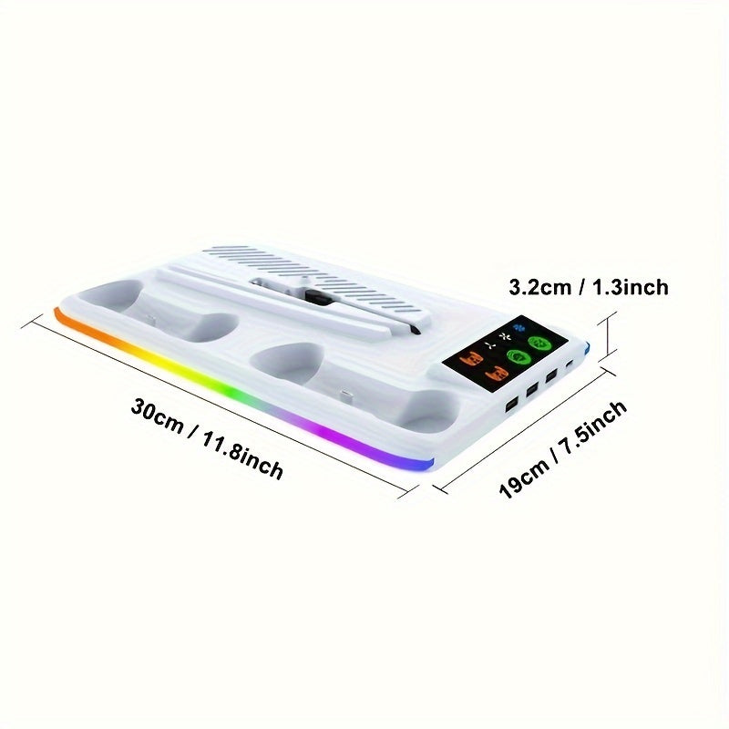 Cooling stand with RGB LED controller charger for PS5/PS5 Slim, with 3-level fan system and secure console/accessory holder for both digital and disc editions of PlayStation 5.