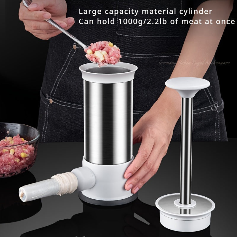 Manual sausage stuffing machine made of stainless steel, perfect for making homemade meat sausages and meatballs. Includes 2 and 5 pieces.