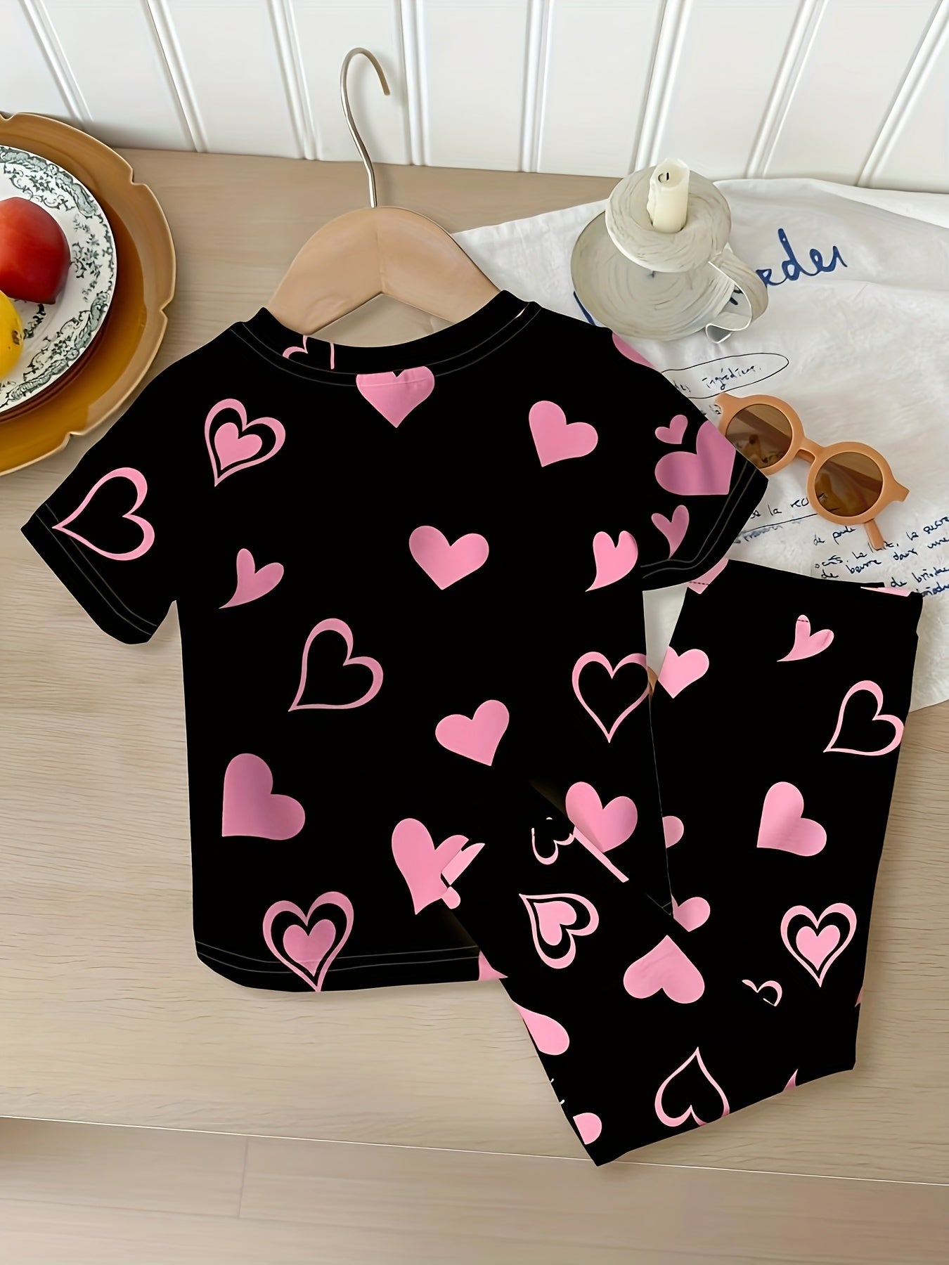 [2pcs Cartoon Cat & Heart Print Casual Outfit Set] Polyester knit top and bottoms for autumn, perfect for outdoor wear.