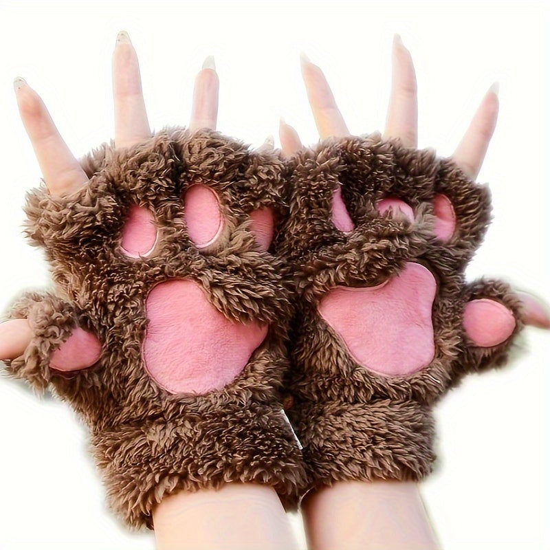 Soft and thickened half-finger winter gloves featuring cute cartoon cat paw design, ideal for keeping your hands warm and cozy. These touchscreen gloves are perfect for adding a touch of fun to your winter wardrobe.