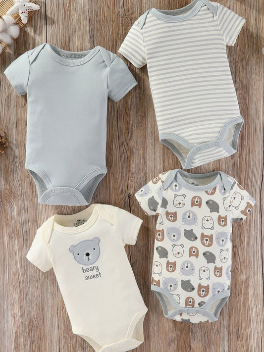 Baby boy's short sleeved cotton jumpsuit featuring plain color, stripes, bear embroidery, and bear heads print. Soft, breathable, and perfect for summer daily and outdoor wear.