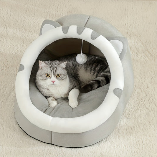 Cozy cat-shaped bed with soft polyester fiber, breathable and comfortable for all seasons. Suitable for small to large cats.