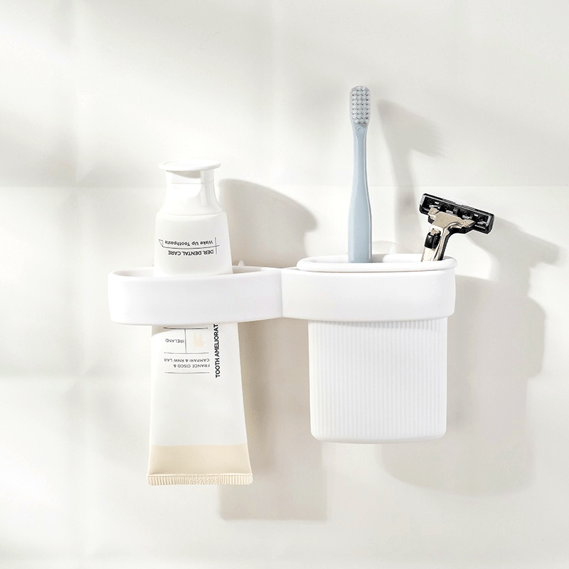 Waterproof Bathroom Organizer with Storage Cups, No-Trace Adhesive for Wall Mounting, Plastic Toothbrush and Toothpaste Holder. Versatile for Storing Toothpaste, Shaving Cream, Razor - No Electricity Required