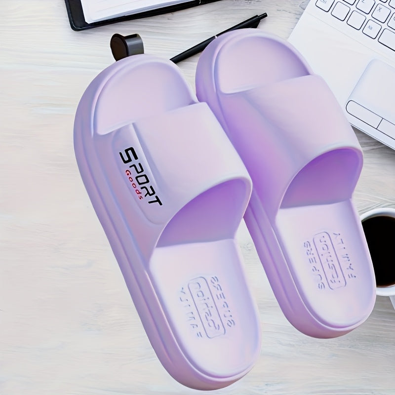 Sporty EVA slides with "SPORT" print, non-slip thick sole for men and women, perfect for home, leisure, beach, and outdoor wear.