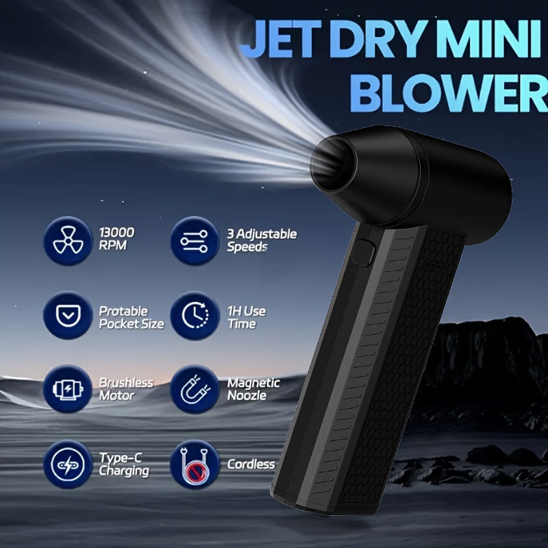 Introducing the 1pc High-Speed Jet Dry Mini Blower, featuring a powerful 130000 RPM motor and portable design. This turbo fan comes with an air nozzle and offers 3 adjustable speeds for customized airflow. Equipped with a USB rechargeable battery, this