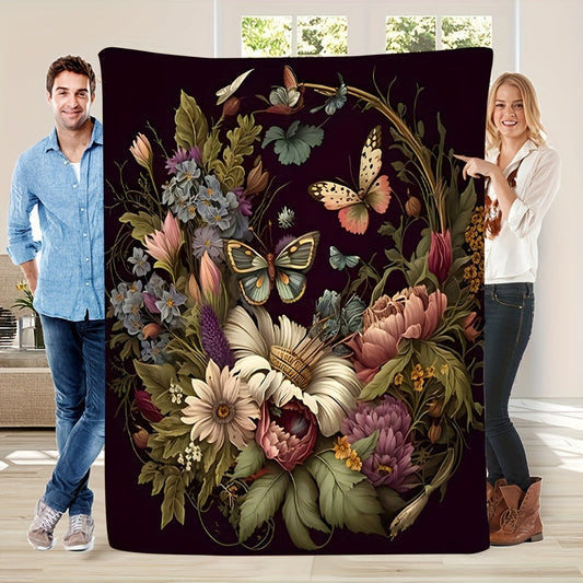 Vintage Flower Basket Butterfly Print Blanket with 1 piece, designed for warmth and comfort in all seasons. This versatile blanket is perfect for use in the bedroom, during camping trips, or while traveling.