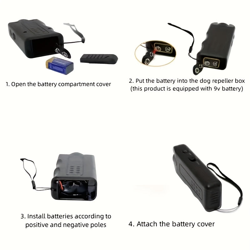 Portable, battery-powered Dog Repellent Device with LED Light using Soundwave technology for outdoor use.